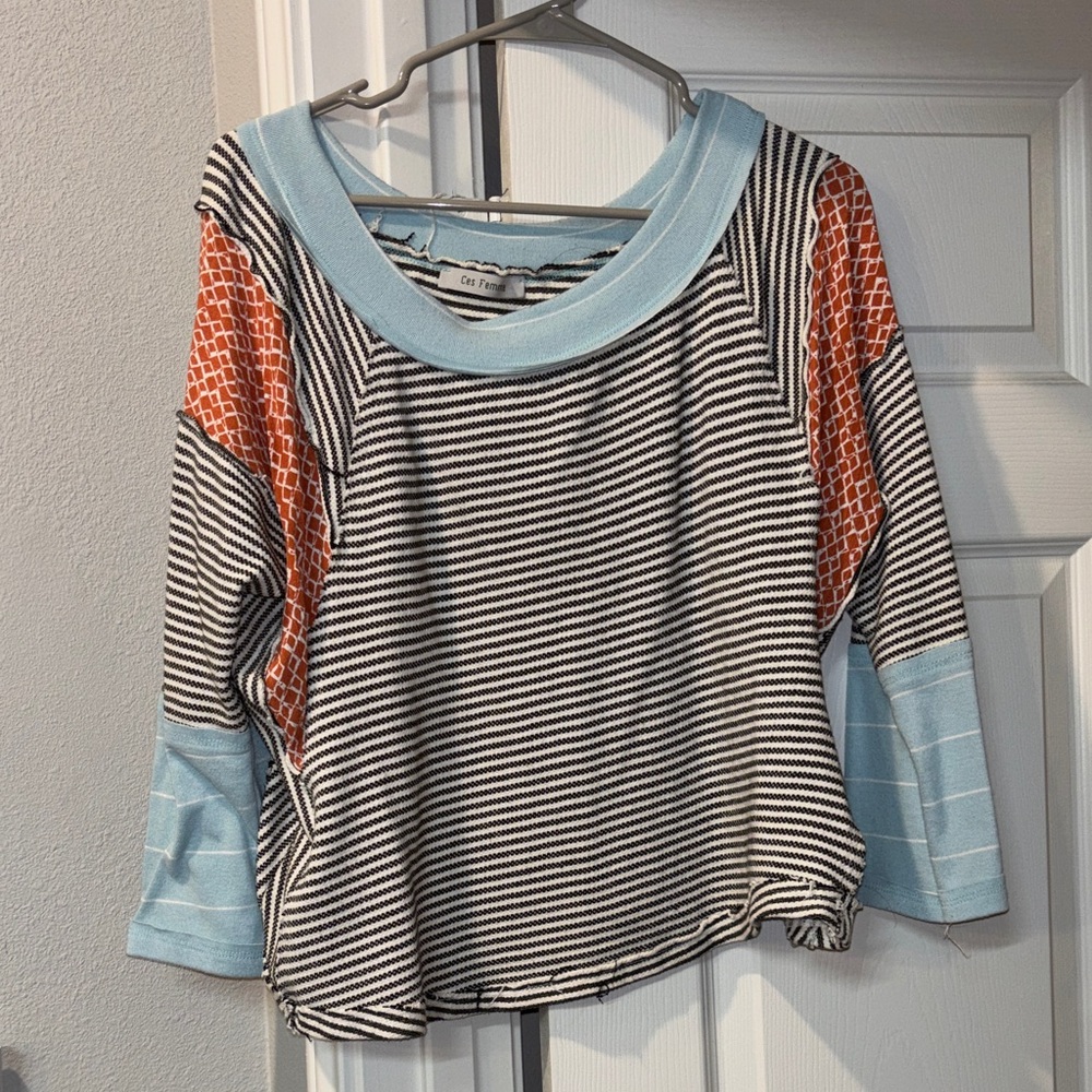 Ces Femme Black and White Striped Top with Blue and Orange Accents